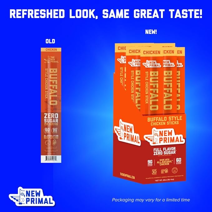 New Primal Buffalo Chicken Sticks, Keto, Gluten Free Healthy Snacks, Sugar Free Low Carb High Protein, Jerky Meat Stick, 9g Protein, 20 Ct
