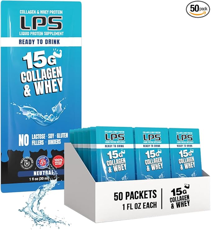 LPS Liquid Collagen & Whey Protein Supplement - Non-GMO Drink, Sugar-Free - Promotes Healthy Skin & Hair for Men & Women, Neutral, Single Serve (50 Packets)