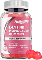 L-Lysine Monolaurin Gummies, Monolaurin and Lysine 1000mg Supplement for Adults & Kids, with Vitamin C, Zinc, Selenium & Quercetin, Immune & Overall support, Oral & Lip Health, Peach Flavor, 60 Ct