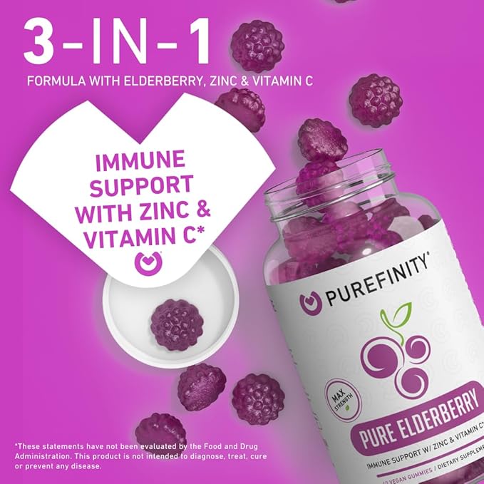 PUREFINITY Elderberry Gummies with Sambucus, Vitamin C, and Zinc – Your Perfect Daily 3-in-1 Supplement for Kids & Adults – Gluten Free, Non-GMO, Vegan, 60 Count