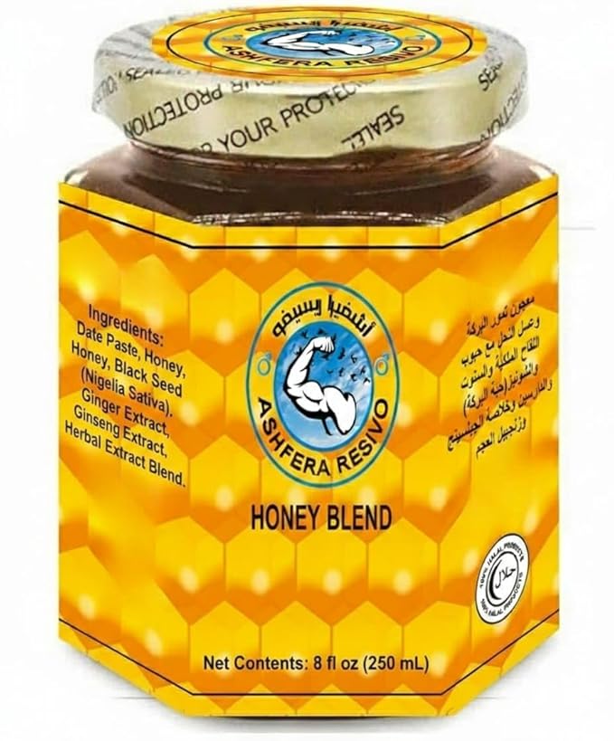 Resivo Ashfera Energy Support Men – 8Oz Date Paste – Sidr Honey with Pecan Nuts, Ginger Extract – Black Seed – Delicious and Savory Product of evaxo