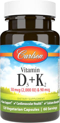 Carlson - Vitamin D3 + K2, 50 mcg (2000 IU) Vitamin D3 & 90 mcg Vitamin K2 as MK7, Bone Support, Calcium Absorption, 120 Capsules