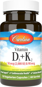 Carlson - Vitamin D3 + K2, 50 mcg (2000 IU) Vitamin D3 & 90 mcg Vitamin K2 as MK7, Bone Support, Calcium Absorption, 120 Capsules