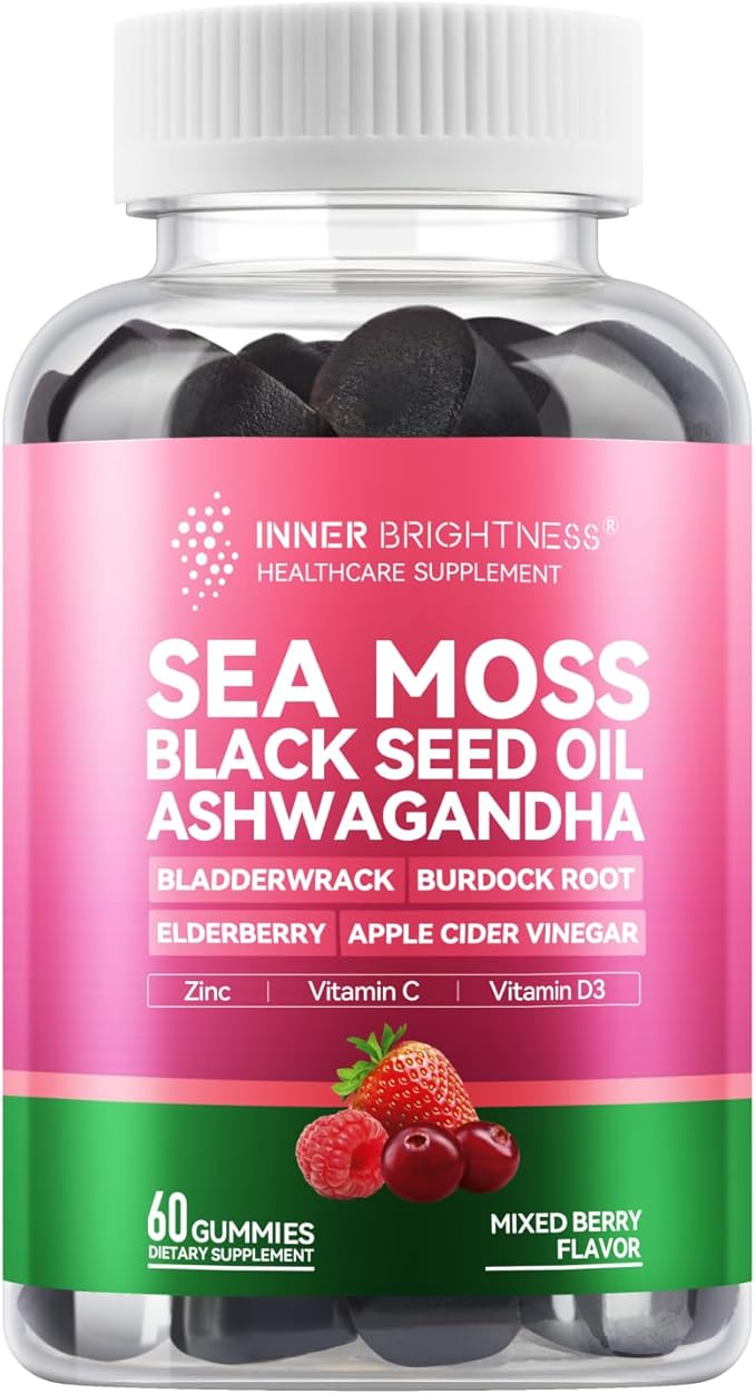 Inner Brightness Sea Moss 4000mg Gummies with Ashwagandha, Elderberry, Apple Cider Vinegar, Bladderwrack, Burdock Root – Immune Support – Mixed Berry Flavor – 60 Count