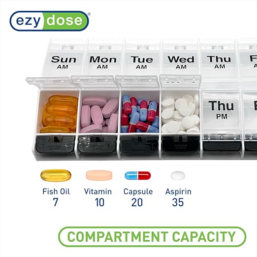 EZY DOSE Push Button (7-Day) Pill Case, Medicine Planner, Vitamin Organizer, 2 Times a Day, AM/PM Container, X-Large Compartments, Arthritis Friendly, Easy to Use, Clear Lids, Clear/Black, BPA Free