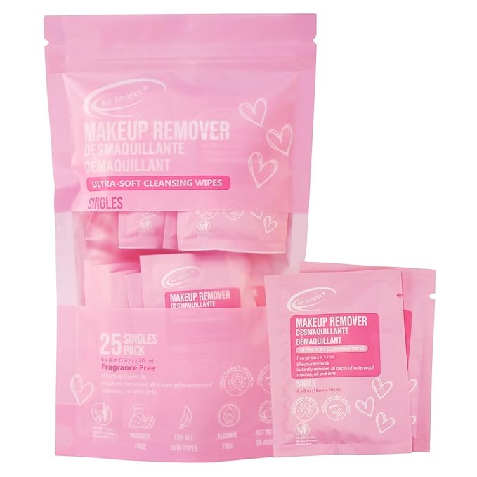 Air Jungles Makeup Remover Wipes Individually Wrapped, 25 Ct Travel Size Facial Cleansing Wipes with Vitamin E, Fragrance-Free, Gentle for All Skin Types, On-the-Go, Easter Gift for Women & Girls