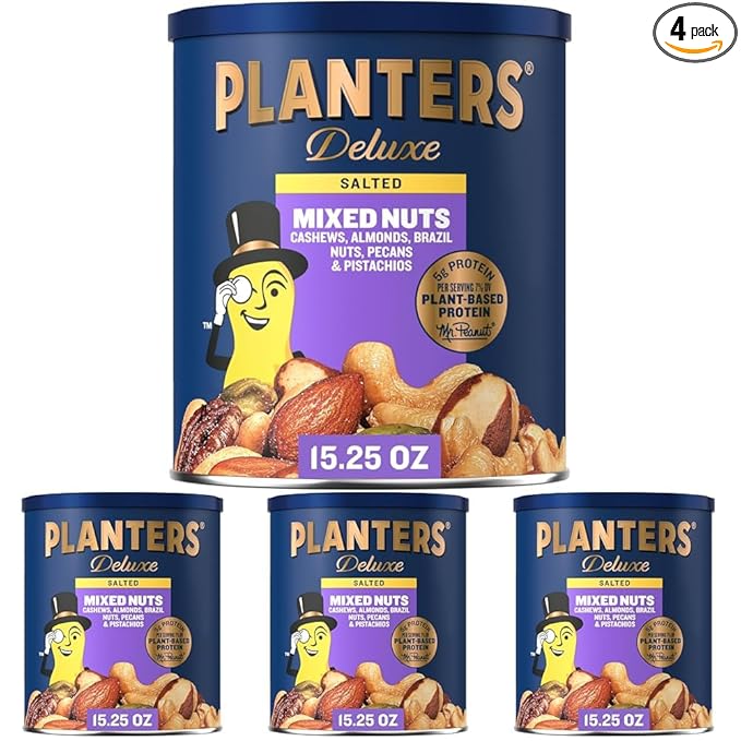 PLANTERS Deluxe Mixed Nuts - Roasted Cashews, Almonds, Brazil Nuts, Pistachios, and Pecans, Plant-Based Protein, Quick Snack, 15.25oz Canister (Pack of 4)