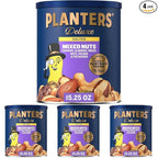 PLANTERS Deluxe Mixed Nuts - Roasted Cashews, Almonds, Brazil Nuts, Pistachios, and Pecans, Plant-Based Protein, Quick Snack, 15.25oz Canister (Pack of 4)