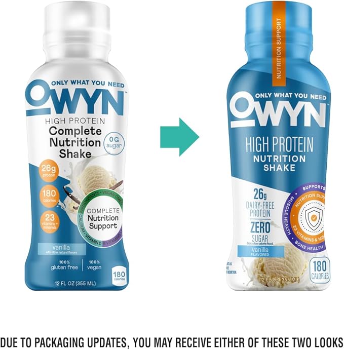 OWYN Only What You Need High Protein Shake, Vanilla Flavored, 26g Protein, 0g Sugar, 3g Fiber, Dairy Free, Plant Based Protein Drink, 12 Count