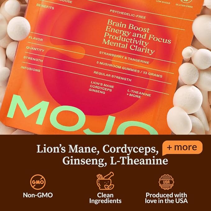 Mojo Focus Gummies with Lion’s Mane, Panax Ginseng, Ginger Root & Cordyceps, Brain Supplement for Memory and Focus, Nootropic Mushroom Gummies for Adults, Vegan Strawberry Tangerine, 1 Pack