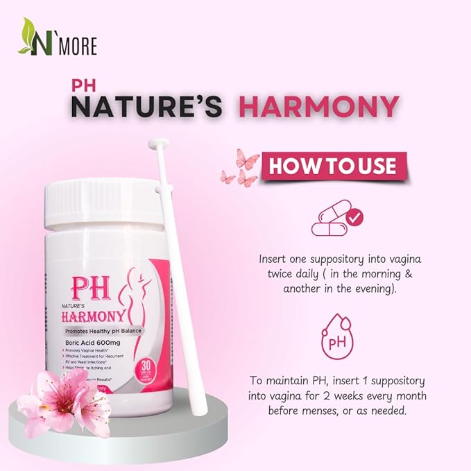 N'More pH Harmony Boric Acid Vaginal Suppositories for Yeast Infection Relief + Reusable Applicator — 30 Count, 600 mg, Made in USA