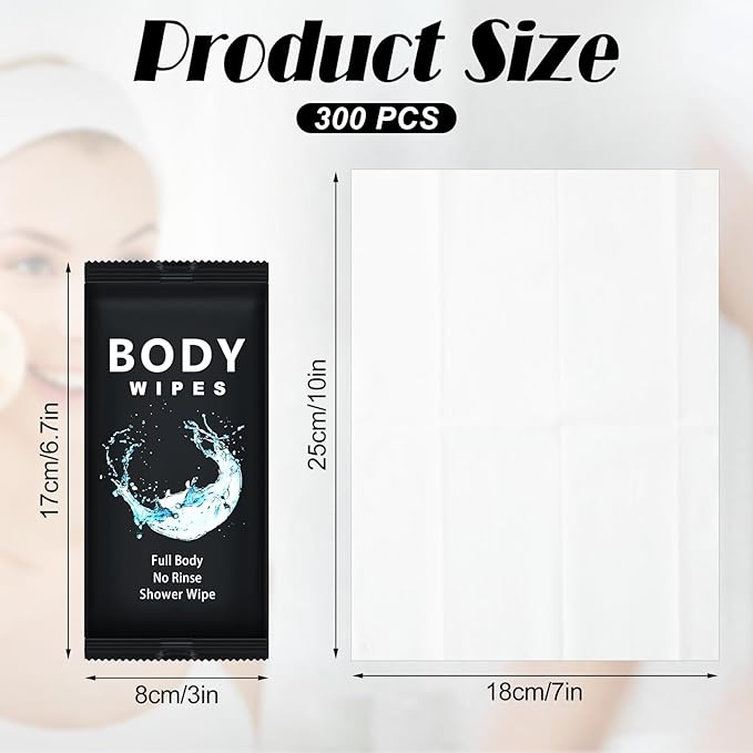 Treela 300 Pcs Large Body Wipes Bulk Deodorant Travel Size for Homeless Care Package Supplies Individually Wrapped Adults Bathing No Rinse Wet Wipes Men Women Hygiene Items(7.09" X 9.84",Black)