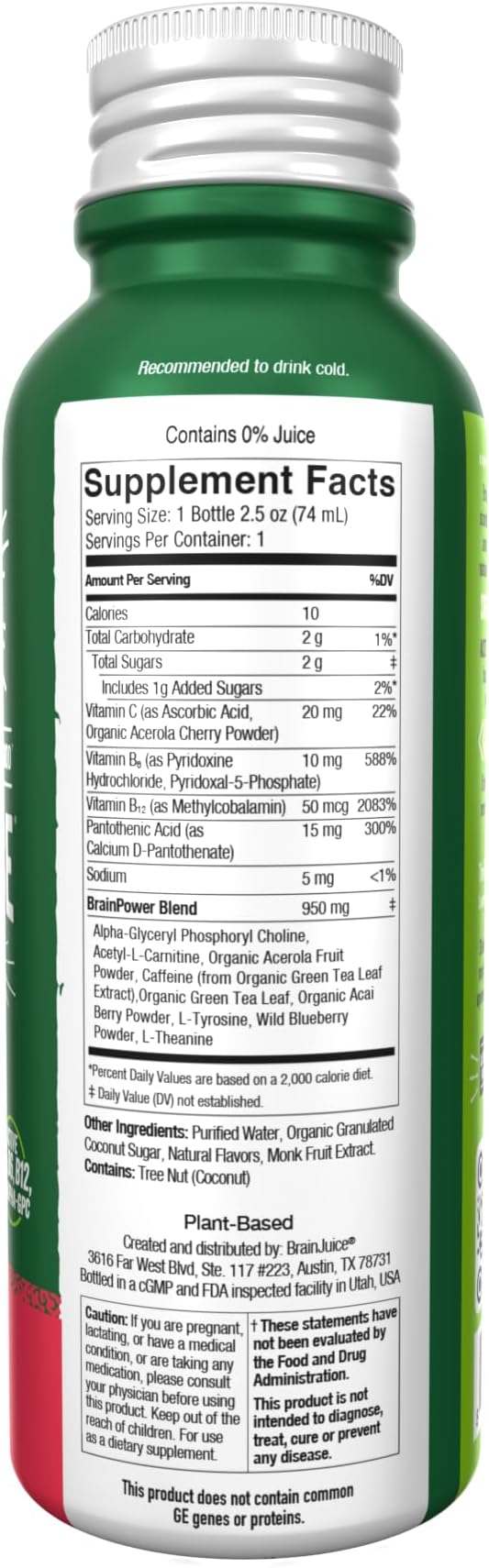 BrainJuice Energy & Focus Shot, Gluten Free Supplement, Healthy Drinks with Alpha GPC, Vitamin B & Organic Green Tea Extract Caffeine, Strawberry Lemonade, 2.5 fl oz, 12 pack