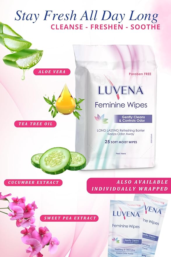 Luvena Feminine Wipes for Women — pH Balanced, Dermatologist Tested, Gentle Intimate Cleansing Cloths, Cucumber Scented, Travel Size (25 Count, 1 Pack)