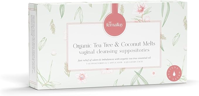 Femallay Organic Vaginal Melts – Tea Tree & Coconut Oil – Natural Feminine Odor Control, pH Balance & Dryness Relief – 7 Count + Applicator