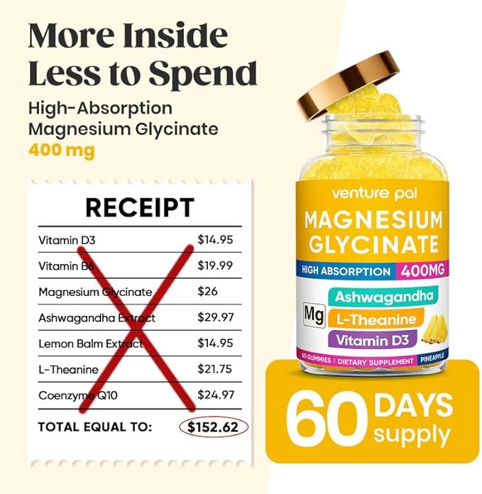 60 Day Supply Magnesium Glycinate 400mg Gummies with Ashwagandha, L-Theanine, CoQ10, Vitamin D3 & B6, Sugar Free Magnesium Gummies for Adults & Kids, Stress Relief, Sleep & Calm, Vegan, Gluten Free