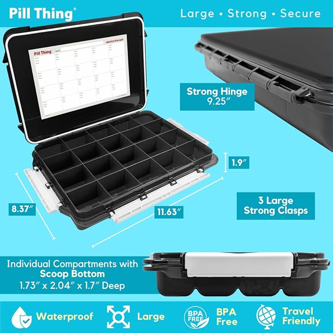 20 Compartment UV Protected Large Black Pill Case with Airtight Seal, Spill Proof, Silicone Gasket Waterproof Med Box with Medication Map (Black, 2 Pack)