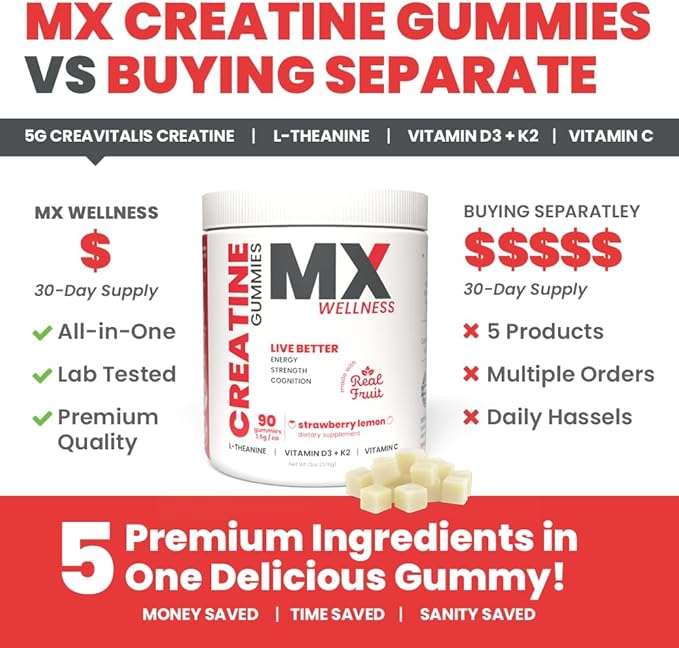 Creatine Monohydrate Gummies for Men & Women – Real Fruit Gummy Supplement for Muscle Growth, Recovery, Longevity, Cognitive Health & Memory – 90 Chews (90 Gummies, Strawberry Lemon)