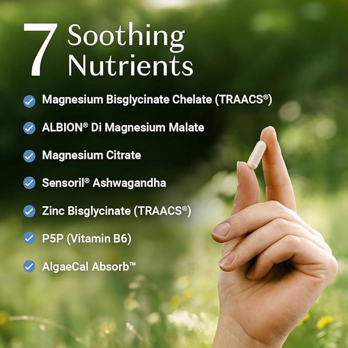 AlgaeCal Magnesium Relax™ - Chelated Magnesium with Ashwagandha for Sleep & Occasional Anxiety - Glycinate, Malate, Citrate - Sleep, Mood, & Cortisol Support (60 Caps - 1 Month Supply)