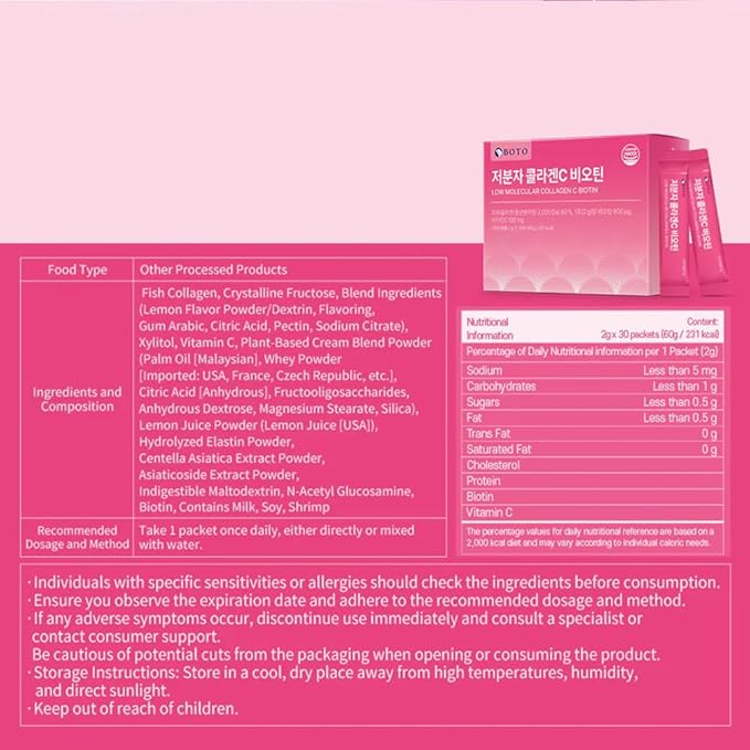 BOTO Low Molecular Collagen VitaminC Biotin - Beauty Support Supplement, 2g,30 Sticks, Made in Korea
