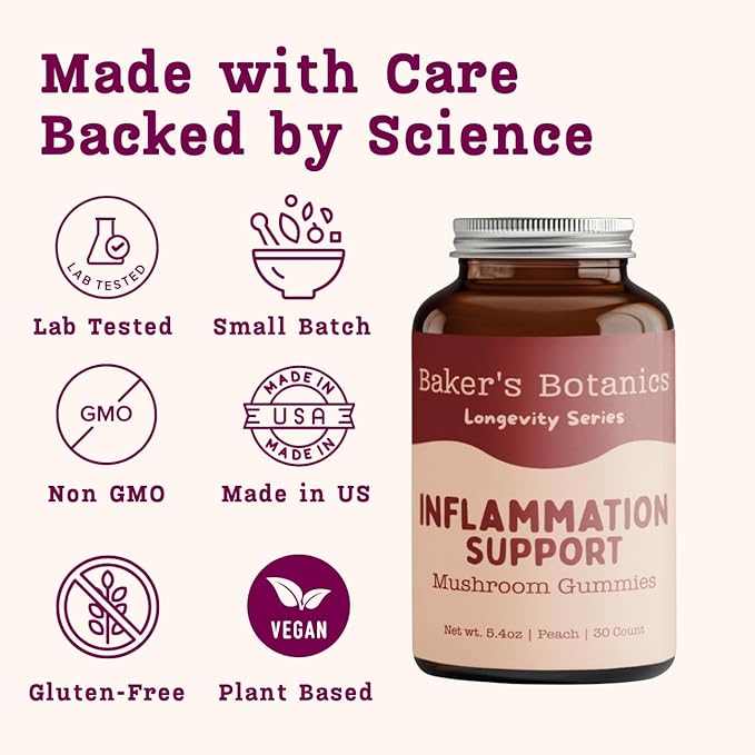 Baker's Botanics Longevity Inflammation Support Gummies - Mushroom Gummies for Complete Women Wellness | Chaga, Maitake, Turmeric, Astragalus & Zinc | Peach Flavor | Vegan, Gluten-Free, Non-GMO