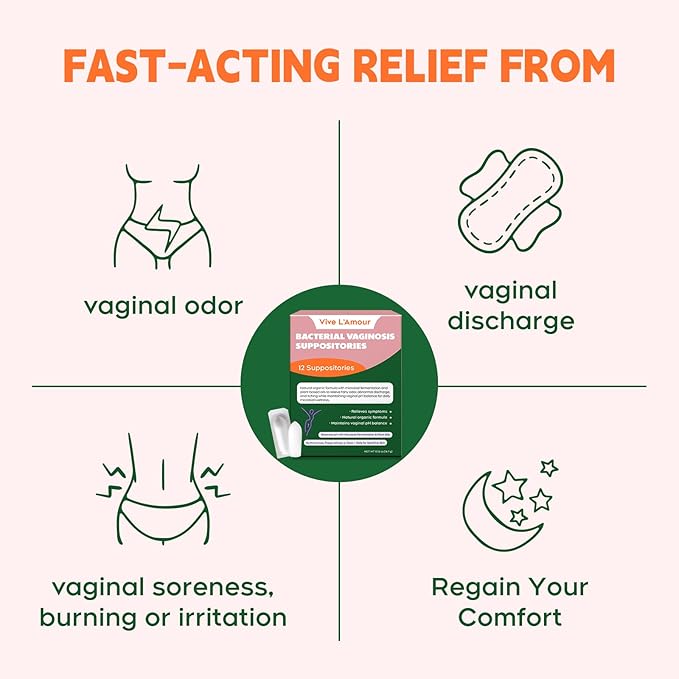Vive L'Amour Vaginal Suppositories | Relieves Bacterial Vaginosis (BV) Symptoms: Fishy Odor, Itching, Abnormal Discharge | Natural Plant-Based Formula | 12 Inserts