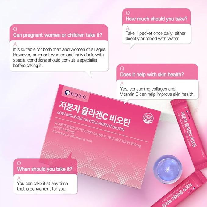 BOTO Low Molecular Collagen VitaminC Biotin - Beauty Support Supplement, 2g,30 Sticks, Made in Korea