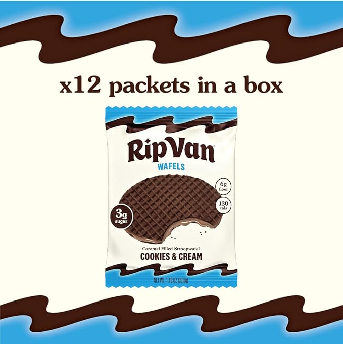 Rip Van Wafels Cookies & Cream Stroopwafels - Healthy Snacks - Non GMO Snack - Keto Friendly - Office Snacks - Low Sugar (3g) - Low Calorie Snack - 12 Count