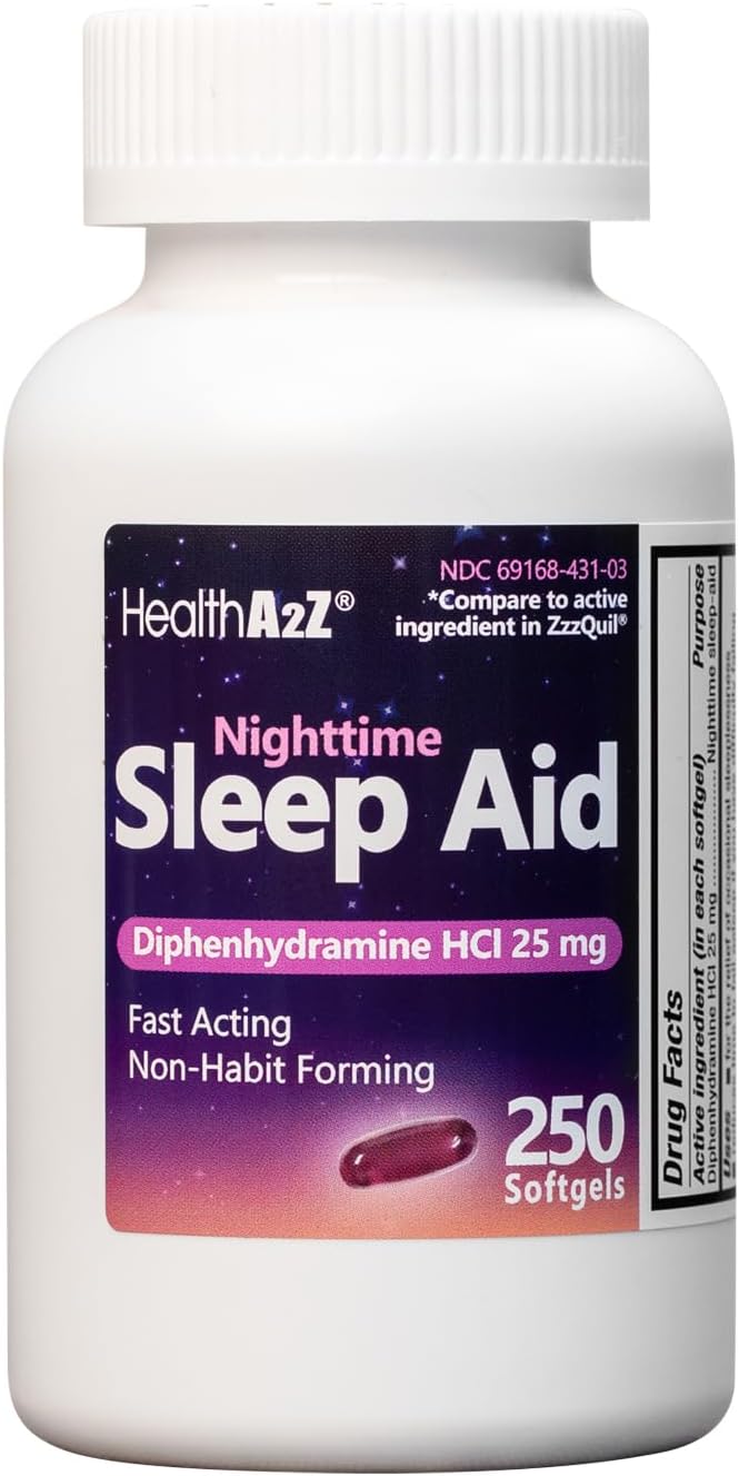 HealthA2Z Sleep Aid, Diphenhydramine HCl 25mg Softgels, Supports Deeper, Restful Sleeping, Non Habit-Forming (250 Softgels)
