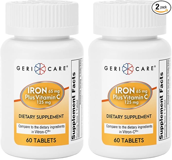 GeriCare Iron 65mg Plus Vitamin C 125mg Tablets – High-Absorption Iron for Anemia Support, Red Blood Cell Production, Fatigue Reduction, and Immune Health – 60 Count (2 Pack)