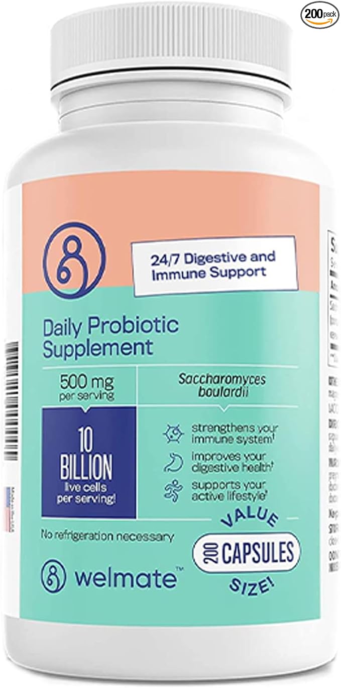 WELMATE - Daily Probiotic Supplement (200 Capsules) Saccharomyces Boulardii 500mg - 24/7 Digestive Support, Immune Support - 10 Billion CFU - Over-The-Counter Medication - Vegan, Gluten Free, Non GMO