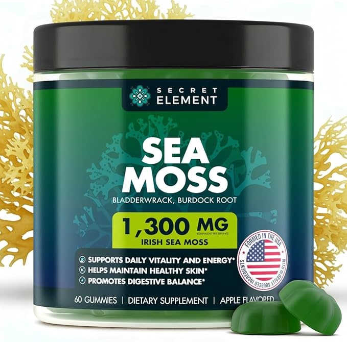 Secret Element Sea Moss Gummies for Women and Men, Irish Sea Moss with Bladderwrack & Burdock Root, Vegan Sea Moss Gummies, Sugar Free, Non-GMO, Apple Flavor, 60 Gummies