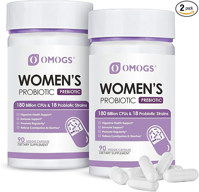OMOGS 2PCS Women's Probiotic 180 Billion CFUs 18 Strains, with Prebiotics, Cranberry Extract, D-Mannose & Digestive Enzymes, for Digestive,Immune, PH Balance & Urethral Health, 180 Capsules