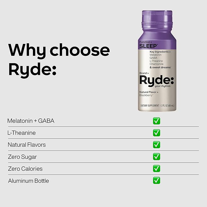 Ryde: SLEEP | 2oz Sleep Shot for Occasional Use | Melatonin, GABA, L-Theanine & Chamomile | Blackberry Natural Flavor | Sugar-Free, Zero Calories, Vegan | Manufactured in USA (24 Pack)