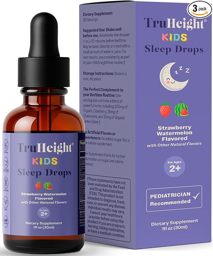 TruHeight Kids Sleep Tincture Ages 2+ (Watermelon Flavor) - Babies, Toddlers & Kids Natural Sleep Aid - Baby, Toddler, Child Melatonin 2 Year Old+ - Vitamin B6, Riboflavin, Zinc, Copper, Lemon Balm