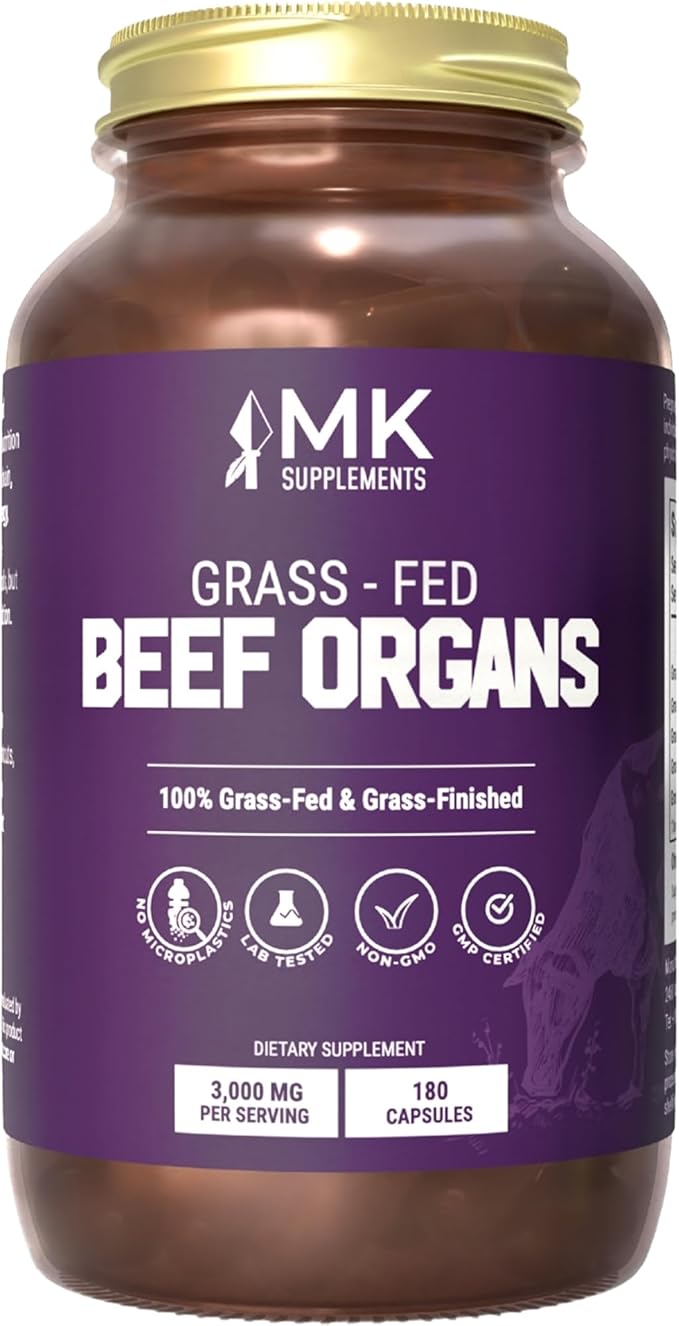 MK Supplements Grass-Fed Beef Organs Capsules | 5 Organs in Nature-Identical Ratios | B12, Copper & Heme Iron | Regeneratively Raised | 150 Capsules
