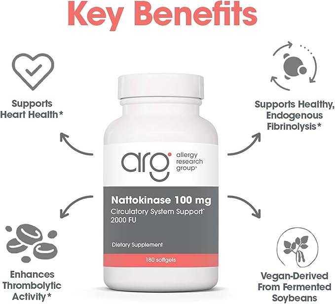 Allergy Research Group ARG Nattokinase 100 mg - Supplement to Support Healthy Circulation - Delivers 100 mg Nattokinase NSK-SD from Fermented Soybeans per Serving - 180 Servings - 180 Capsules