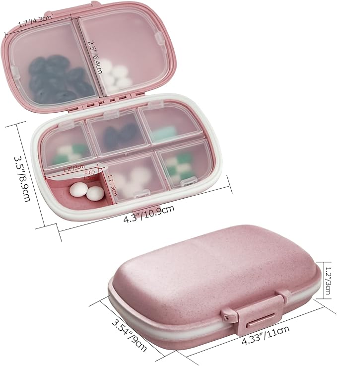 1Pack Travel Pill Organizer, 8 Compartments Portable Pill Case, Small Pill Box for Pocket Purse Portable Medicine Vitamin Container Pink