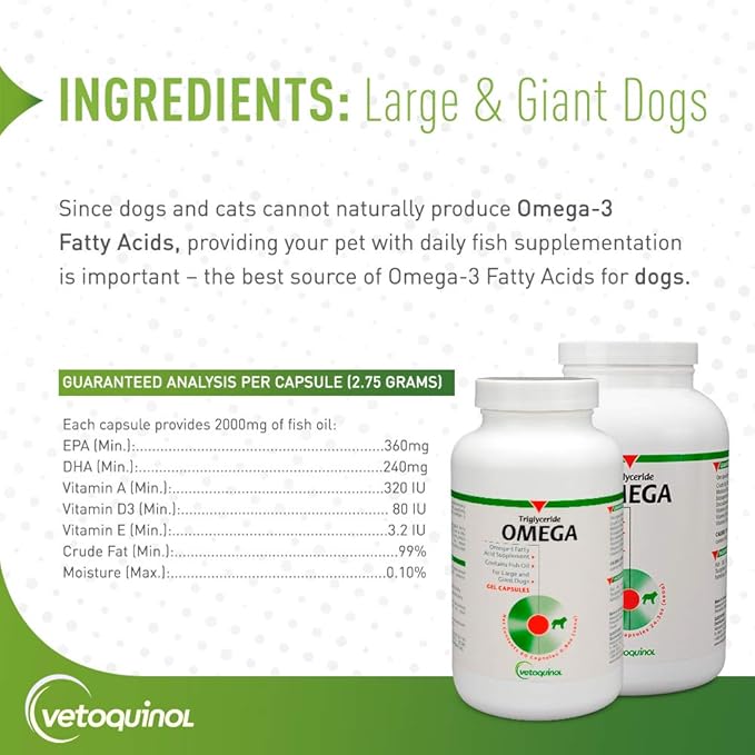Vetoquinol Triglyceride Omega - Fish Oil for Dogs & Cats - Supports Healthy Skin, Coat & Normal Immune Response - Supplement with Vitamin Blend for Heart, Eye, Bone & Muscle Support - 250 Capsules