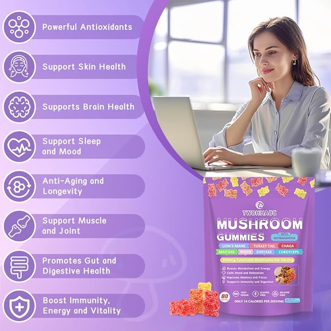 Mushroom Complex Gummies Mushroom Supplement with Ashwagandha and Lions Mane, Reishi, Cordyceps, Maitake, Shitake, Chaga and Turkey Tail Nootropic Gummies for Focus, Energy, Memory and Immune Health