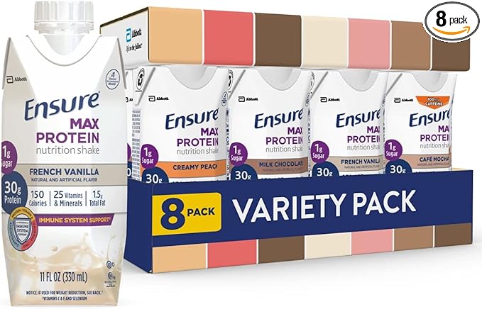 Ensure Max Protein Nutrition Shakes, Variety Pack, With 30g of Protein, 1g of Sugar, Nutrients to Support Immune System Health, High Protein Shake, 11 fl oz, Pack of 8, Liquid