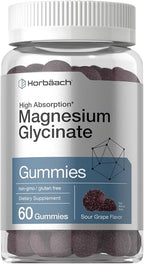 Horbäach Magnesium Glycinate Gummies | 60 Count | Sour Grape Flavor | High Absorption | Vegan, Non-GMO, Gluten Free