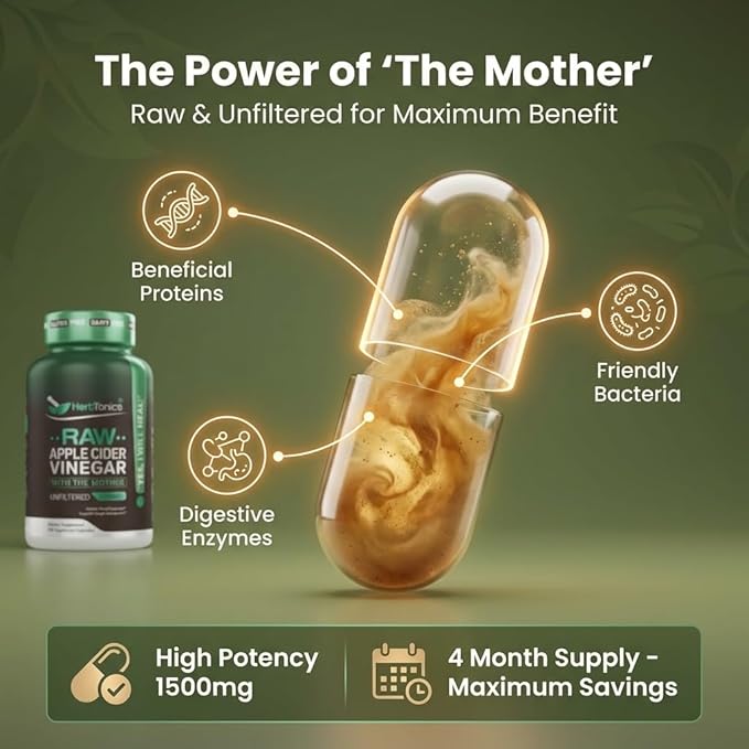 Herbtonics Raw Apple Cider Vinegar Capsules 1500mg with Mother | Weight Management, Detox & Digestion Formula with GLP-1 Support | Unfiltered ACV for Metabolic Support | 240 Vegan Capsules