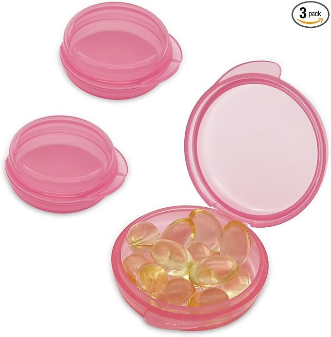 Pill Organizer for Pocket, Mini Pill Box for Pocket Purse, Portable Travel Pill Container, Small Secure Storage for Supplements & Daily Care (Pink 3 PCS)