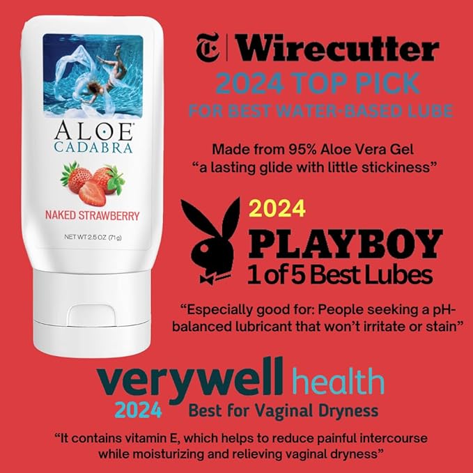 Aloe Cadabra Flavored Personal Lubricant and Vaginal Moisturizer, Organic Edible Aloe Lube for Men, Women and Couples, Non-Staining, pH Balanced, Toy Compatible (Strawberry, 2.5 Ounces, 1 Pack)