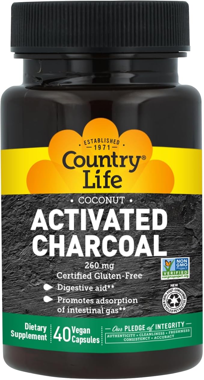 Country Life Coconut Activated Charcoal Capsules, 260mg – Natural Charcoal Supplement for Gas and Bloating Relief - Gluten-Free, 40 Vegan Capsules