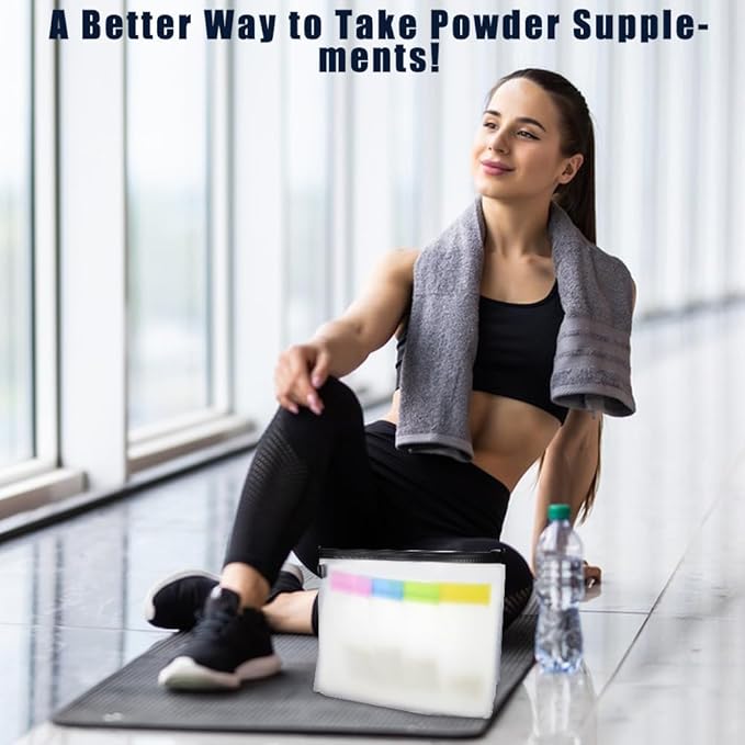 Abnaok 47PCS Protein Powder Travel Container Set,Reusable Powder Supplement Container with 21PCS Single Dose Powder Bags，Zip Up Bags，Funnels, Spoons and Sheet Labels, Spring Buckle，Zipper Rings