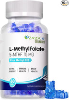 L-Methylfolate 15mg & Methyl B12 1000mcg Gummies, Methylated B1, B2, B6 Multivitamins for Men Women, Active 5-MTHF & B Complex Supplement Supports MTHFR Gene, Immune, Brain Health, Vegan, 60 Gummies
