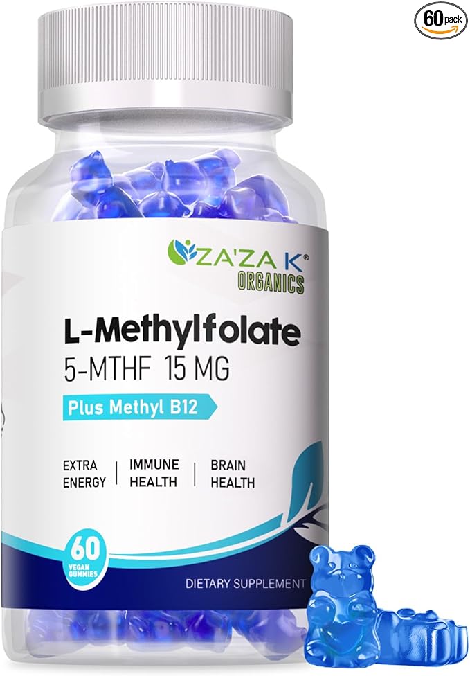 L-Methylfolate 15mg & Methyl B12 1000mcg Gummies, Methylated B1, B2, B6 Multivitamins for Men Women, Active 5-MTHF & B Complex Supplement Supports MTHFR Gene, Immune, Brain Health, Vegan, 60 Gummies