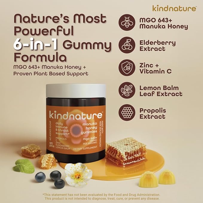 KINDNATURE Manuka Honey Medical Grade Gummies MGO 643+ - New Zealand Manuka Honey with Zinc, Vitamin C, Elderberry - Throat Comfort & Immune Support - Kids & Adults